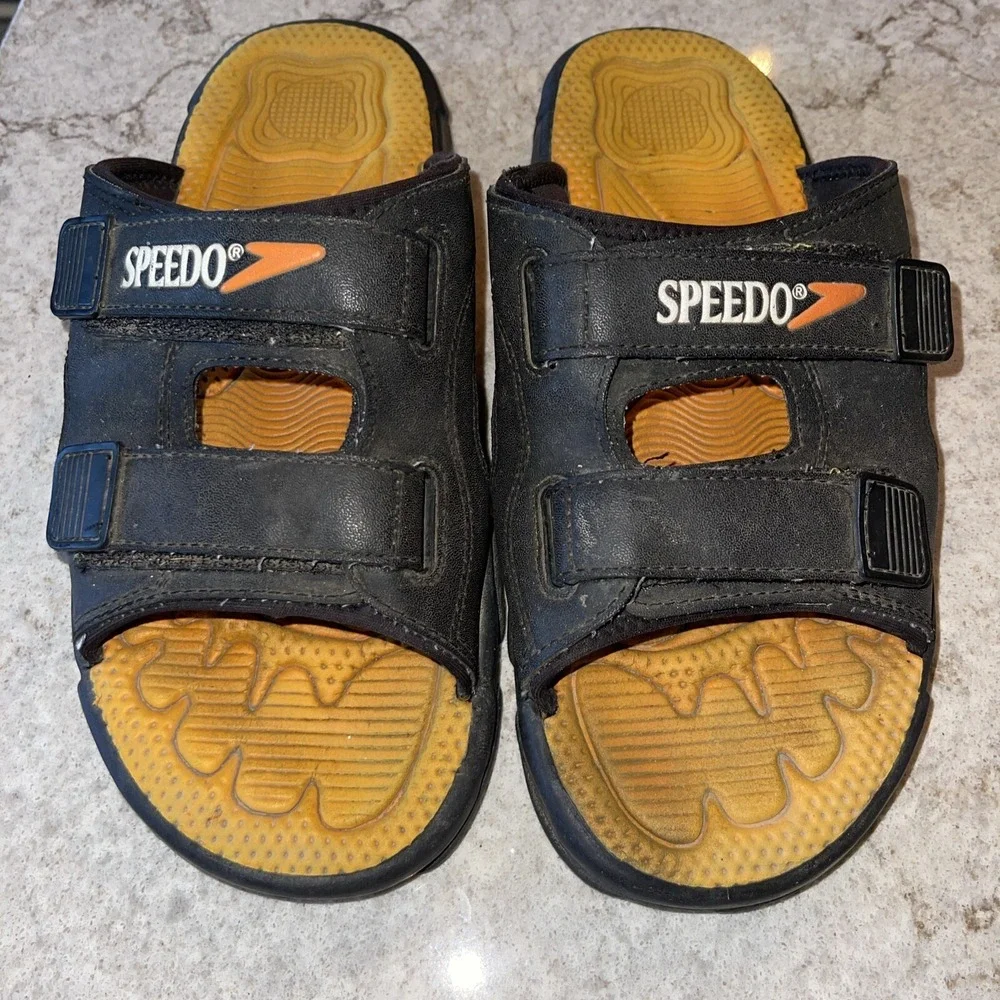 Speedo Black Yellow Boat Sandals Shoes Size L Leather Straps Comfort
